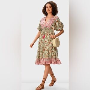 Tassel Tie Empire Floral Print Cotton Dress. 100% Cotton